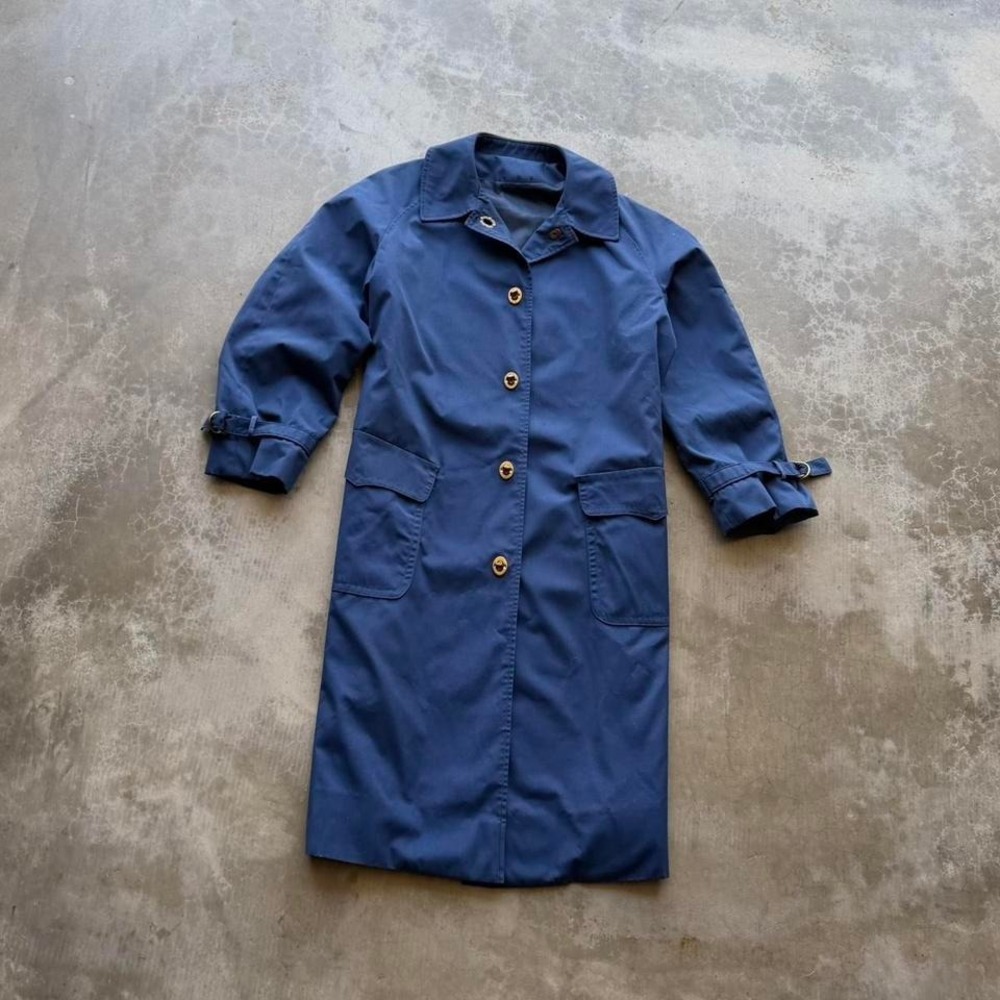 True vintage 70's Blue Water proof long trench rain jacket with gold buckles